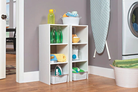Stackable Vertical Cube Organizer In White, Heavy-Duty Freestanding Shelf With Open Back in a laundry room setting