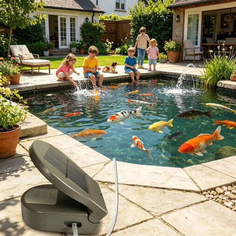 Solar Powered Pond Aerator With 2600mAh USB Rechargeable Battery Clip On Bubbling System beside koi pond.