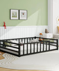 Black Safe Toddler Floor Bed With Rails And Door Full Size Montessori Bed For Ages 2 To 5 Low Profile Metal Platform Heavy Duty Guardrails