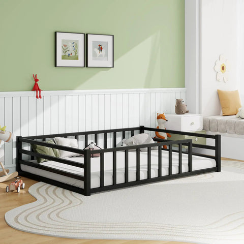 Black Safe Toddler Floor Bed With Rails And Door Full Size Montessori Bed For Ages 2 To 5 Low Profile Metal Platform Heavy Duty Guardrails
