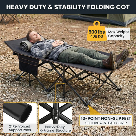 Oversized XXL Folding Camping Cot With Carry Bag Tough As Nails Heavy Duty, supporting a person outdoors, 900 lbs capacity.