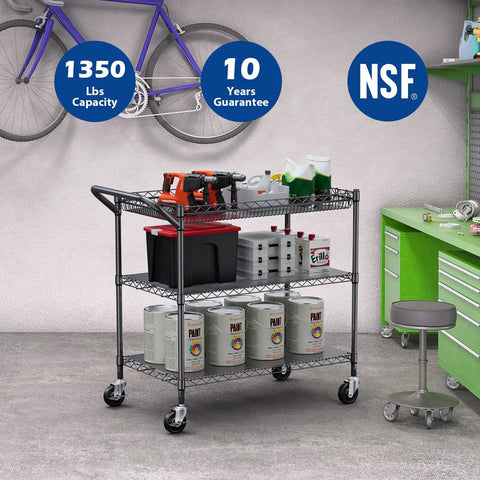 Heavy Duty Rolling Utility Cart Built Like A Tank For Busy Shops Rated At 1350 Lbs Commercial Metal Trolley Top Notch Swivel Casters NSF Certified Rugged Steel Server Rack Black Kitchen Crew Essential