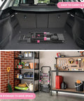 Premium 3 In 1 Convertible Folding Hand Truck Dolly Cart With Heavy Duty Steel Frame And Smooth Rolling Rubber Wheels Kickass Strength Built Like A Tank Pink stored in a vehicle trunk and garage for easy transportation.