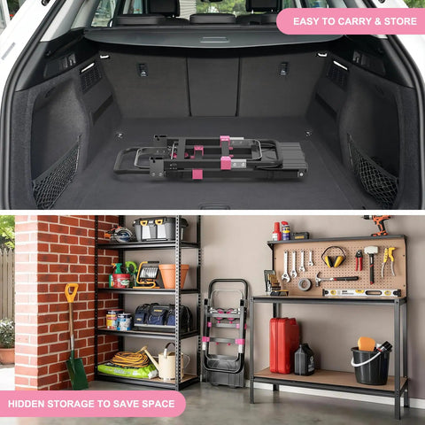 Premium 3 In 1 Convertible Folding Hand Truck Dolly Cart With Heavy Duty Steel Frame And Smooth Rolling Rubber Wheels Kickass Strength Built Like A Tank Pink stored in a vehicle trunk and garage for easy transportation.