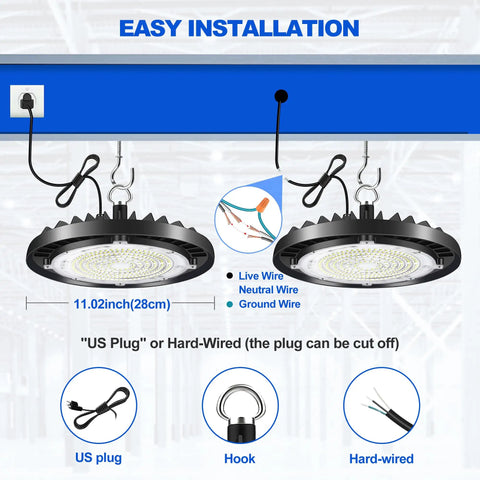 Bang For Your Buck 150W UFO LED High Bay Light With US Plug 22500LM IP65 showing easy installation options
