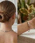 4 Pack Silver Bracelet Extender Set With Foldover Adjustable Extenders for Jewelry shown on necklace and bracelet