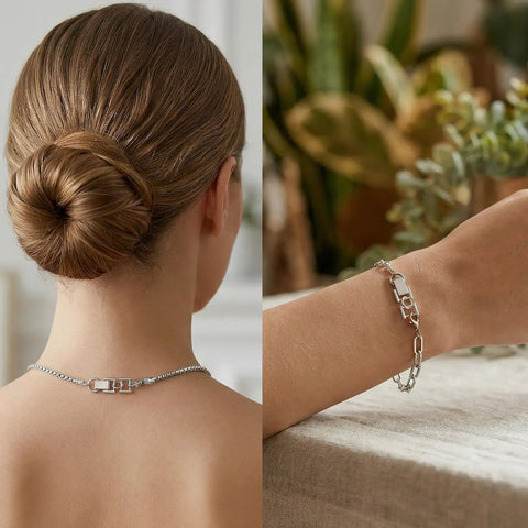 4 Pack Silver Bracelet Extender Set With Foldover Adjustable Extenders for Jewelry shown on necklace and bracelet