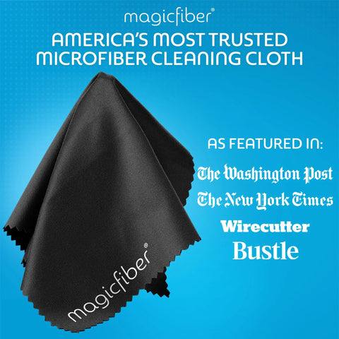 MagicFiber microfiber cleaning cloth in black with logo on blue background