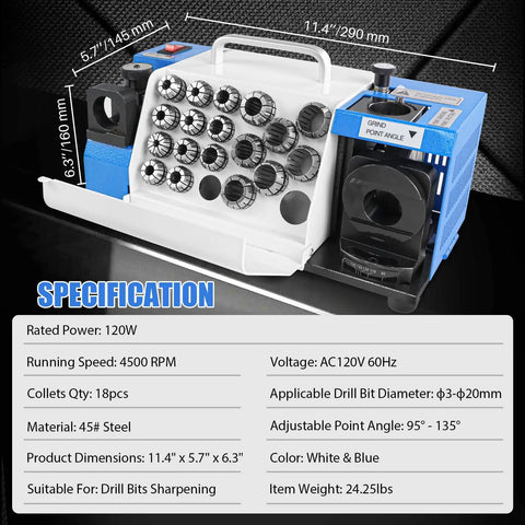 Top Notch Drill Bits Sharpener Machine For 3 To 20mm With 18 Collets, Adjustable Lip Relief And Point Angles, Portable Grinding Tool With CBN SDC Wheel specifications with dimensions and features.