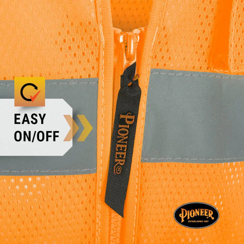 Stay Sharp And Legit On The Job With This Kickass Class 2 High Visibility Mesh Safety Vest Featuring Bold Reflective Tape For Traffic Control And Crew Jobs In Bright Orange showing easy on/off zipper detail.