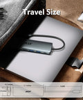 USB C Hub 7 In 1 Multi Port Adapter For Laptop With 4K HDMI Output 2 USB A 3.1 Ports USB C Data Port PD 100W Charging MicroSD And SD Card Slots Space Grey Aluminum Dock For Work From Home And On The Go placed on laptop inside backpack