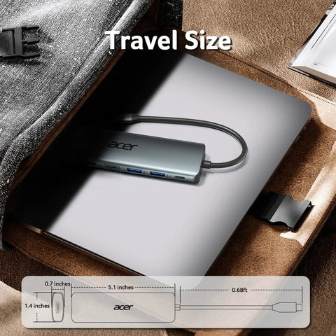 USB C Hub 7 In 1 Multi Port Adapter For Laptop With 4K HDMI Output 2 USB A 3.1 Ports USB C Data Port PD 100W Charging MicroSD And SD Card Slots Space Grey Aluminum Dock For Work From Home And On The Go placed on laptop inside backpack