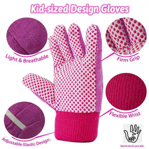 Pink Kids Gardening Tools Set With Rake Shovel Trowel Watering Can Gloves Apron Tote Bag Plant Pots And DIY Bookmark Kits glove detail