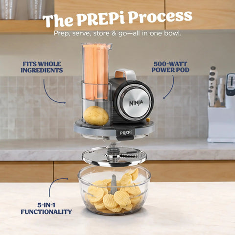 5 In 1 Kitchen Prep And Storage Bowl System Featuring Crinkle Slice And Shred Blades For Real Deal Meal Prep And Hosting Like A Champ With Secure Snap Lids, showcasing 500-watt power pod and clear bowl.