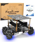 OSOYOO FlexiRover robot car kit for Raspberry Pi; metal frame, dual battery packs, and four mecanum wheels