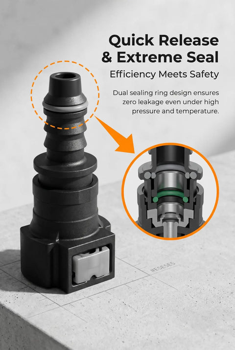 Close-up of Ride Ready Straight Fuel Line Quick Connector three eighth inch nylon hose coupler showcasing dual sealing ring design.