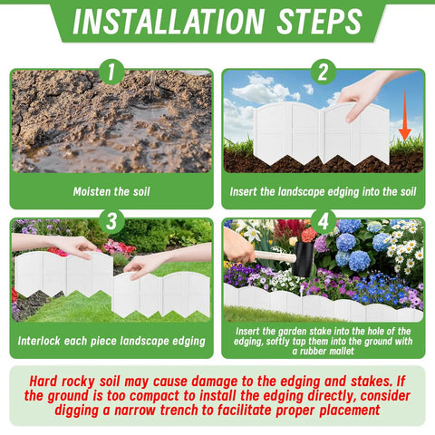 Installation steps of Twenty Pcs Garden Edging Border Kit With 20 Stakes For Lawn And Flower Bed White 20 Ft Landscaping Border Fence