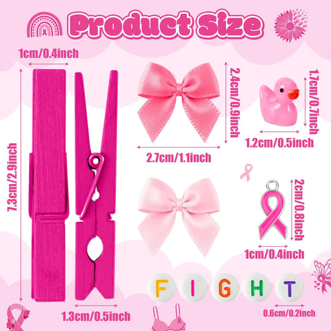 Breast Cancer Awareness Duck Cheer Pins Kit for Volleyball Squad and Team Spirit Crafting Includes 60 Rose Red Wooden Clothespins 60 Rose Red Mini Ducks 60 Pink Ribbon Charms 60 Ribbon Bows Five Bags of Letter Beads Fight and a Glue Tube. Pink clothespin, ribbon bow, duck, and charm sizes shown.