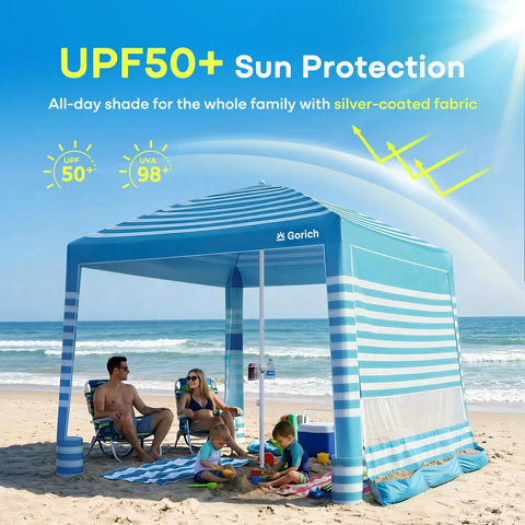 Family under Beach Cabana With UPF50 Plus Sun Shield 8x8 Or 10x10 Canopy Tent With Side Wall on sandy beach