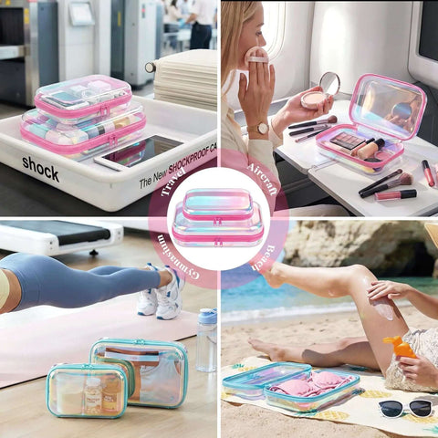 Kickass Clear Hard Shell Zipper Cases 2 Pack Iridescent Finish for skincare storage on a beach and in travel settings.
