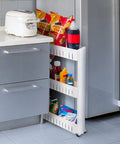 Three Tier Rolling Cart For Narrow Spaces With Slide Out Shelves Space Saving Kitchen And Bathroom Organizer between a fridge and counter