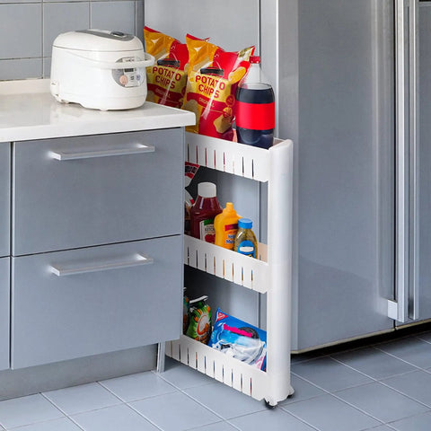 Three Tier Rolling Cart For Narrow Spaces With Slide Out Shelves Space Saving Kitchen And Bathroom Organizer between a fridge and counter