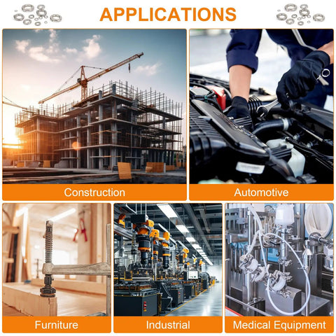 Applications of Must-Have 530 Pcs Spring Lock Washer Set With Metric And SAE Sizes M3 To M10 And 1/4 To 3/8 Stainless Steel 304 in construction, automotive, furniture, industrial, and medical equipment