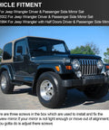 Jeep Wrangler with Passenger And Driver Side View Mirror Pair Replacement, manual folding black finish, for 1987-2002 models.