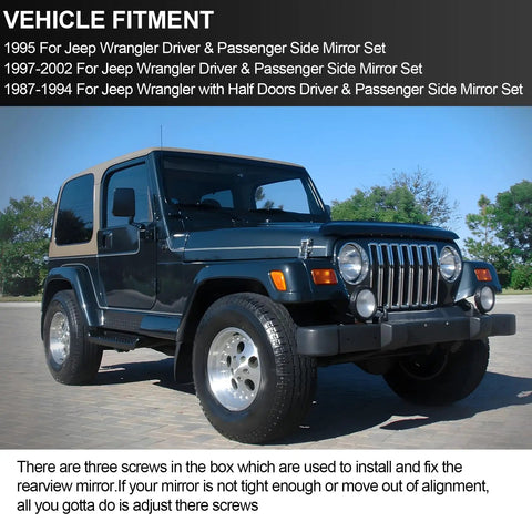 Jeep Wrangler with Passenger And Driver Side View Mirror Pair Replacement, manual folding black finish, for 1987-2002 models.
