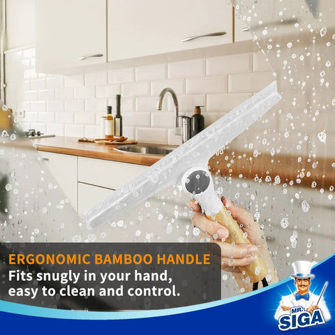 10 Inch Silicone Squeegee for Shower Doors, Mirrors, and Glass - Long Lasting Blade, Streak Free Shine, Easy Grip Bamboo Pivot Handle, White, Great for Tile Surfaces and Enclosures on glass
