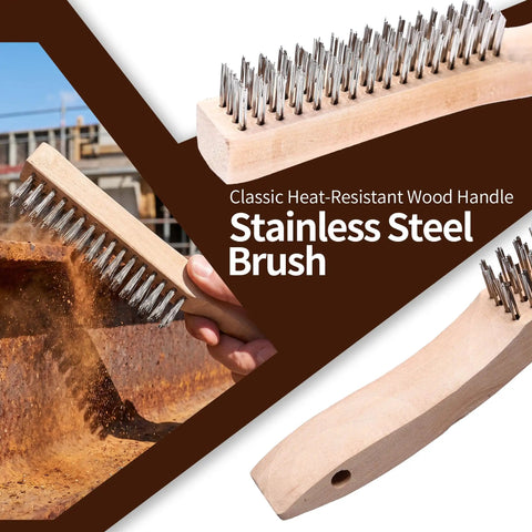 Heavy Duty Wire Brush Set With Stainless Steel And Nylon Bristles Includes Wood Handle Brushes And Metal Scrapers