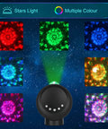 Lit Galaxy Sky Projector Light With Nebula Stars And Full Moon displayed in multiple colors and modes, base included