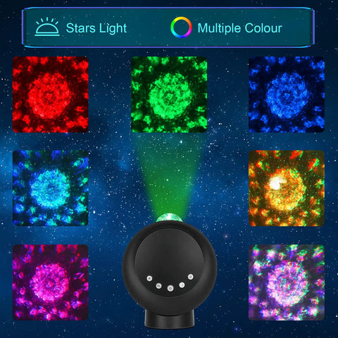 Lit Galaxy Sky Projector Light With Nebula Stars And Full Moon displayed in multiple colors and modes, base included