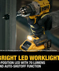 Person using 20V Max XR Brushless Cordless 1/2 In Drill Driver Kit With PowerPack Batteries, LED light illuminated on metal surface