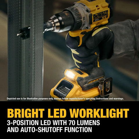 Person using 20V Max XR Brushless Cordless 1/2 In Drill Driver Kit With PowerPack Batteries, LED light illuminated on metal surface