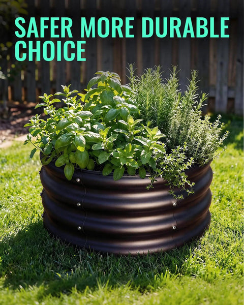 Raised Garden Bed With Open Bottom No Cap Made From 0.6 mm Galvanized Steel In Black Durable And DIY Friendly Easy Assembly 2 By 2 By 1 Ft Open Drainage For Healthy Plants Pack Of 1 garden bed with herbs and plants in sunlight
