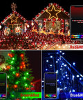 Outdoor C9 Christmas Lights 134 Feet 150 LED, App Controlled, showing different color modes on house and tree.