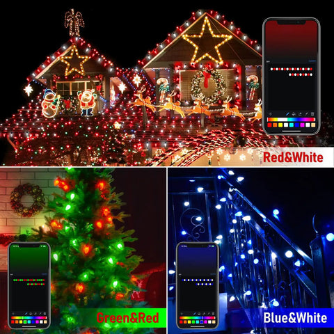 Outdoor C9 Christmas Lights 134 Feet 150 LED, App Controlled, showing different color modes on house and tree.