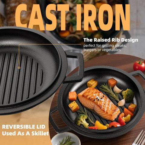 Built Tough Cast Iron Dutch Oven Pot With Skillet Lid 5 Qt shown as grill and skillet with salmon and veggies cooking