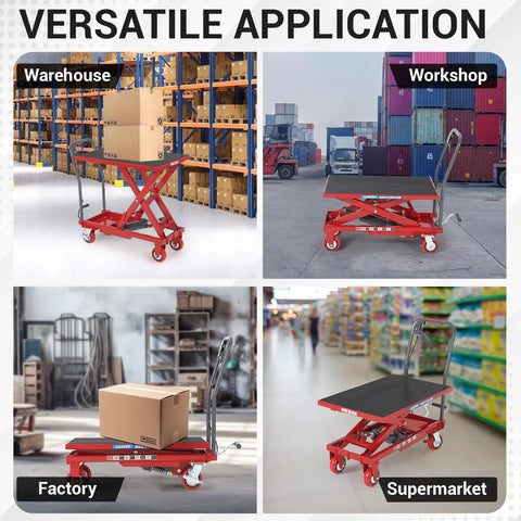 Heavy Duty Hydraulic Lift Table Cart 330 Lbs Capacity 28.5 Inch Height in warehouse, factory, workshop, and supermarket settings.