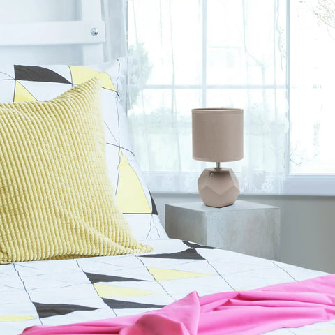 Round Prism Mini Table Lamp with Matching Fabric Shade Black Ceramic Base Compact Desk Light on bedside table