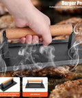 Close-up of a hand using a rectangle bacon press from 42 Piece Flat Top Griddle Accessories Kit on sizzling burger patties.