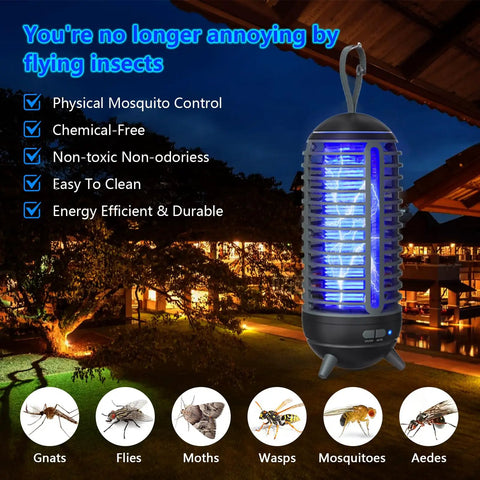 2 In 1 Cordless Bug Zapper Outdoor Rechargeable Mosquito Killer Lamp on patio at night with glowing UV light, black design