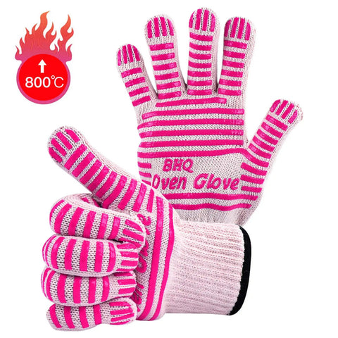 Extreme Heat Resistant Oven Gloves for BBQ Grilling and Baking Pink Heat Proof Cooking Mitts with Superior Grip pictured.