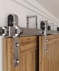 Brushed Nickel U Shape Bypass Sliding Barn Door Hardware Kit For Two Doors With Double Track And 6ft Flat Track Classic Roller Design