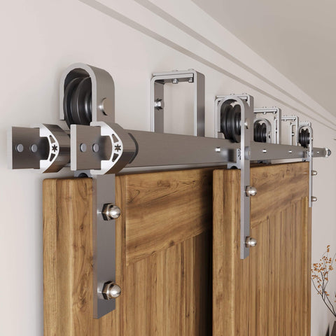 Brushed Nickel U Shape Bypass Sliding Barn Door Hardware Kit For Two Doors With Double Track And 6ft Flat Track Classic Roller Design
