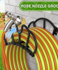 Heavy Duty Garden Hose Holder Wall Mount with dual support preventing wobble, holding 125 feet of hose, outdoor use