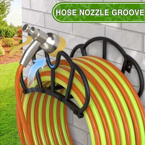 Heavy Duty Garden Hose Holder Wall Mount with dual support preventing wobble, holding 125 feet of hose, outdoor use