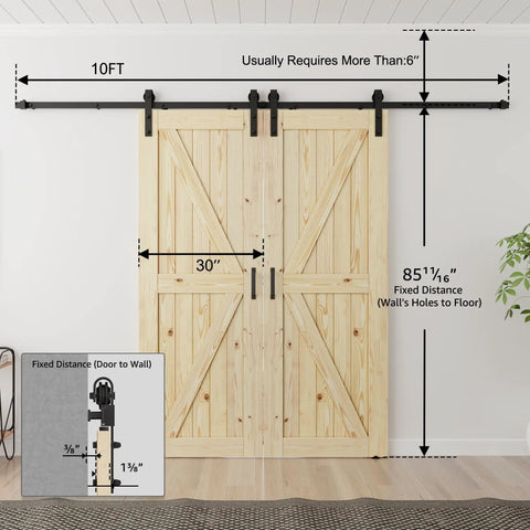 Unfinished 30x84 Inch Double Barn Door With 10ft Sliding Hardware Kit Included, solid spruce wood, installed view