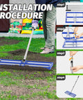 Installation guide for Leveling Rake With Beefy Aluminum Roller And Stainless Steel Core, 40 By 10 Inch, in use on lawn.